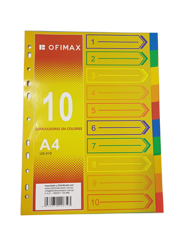Separador A4 Ofimax de 10 Colores Ref:CD0510