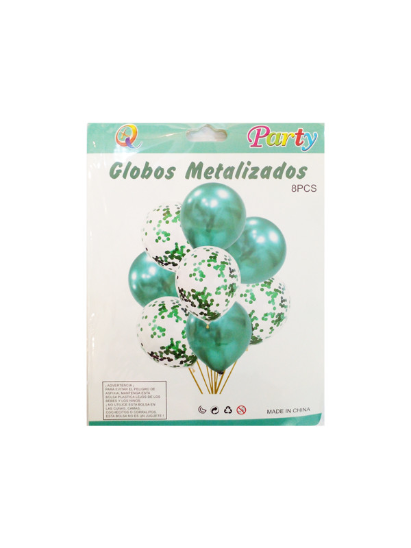 Globo 8pcs c/ Confeti Verde Metalico Ref: QQ-08